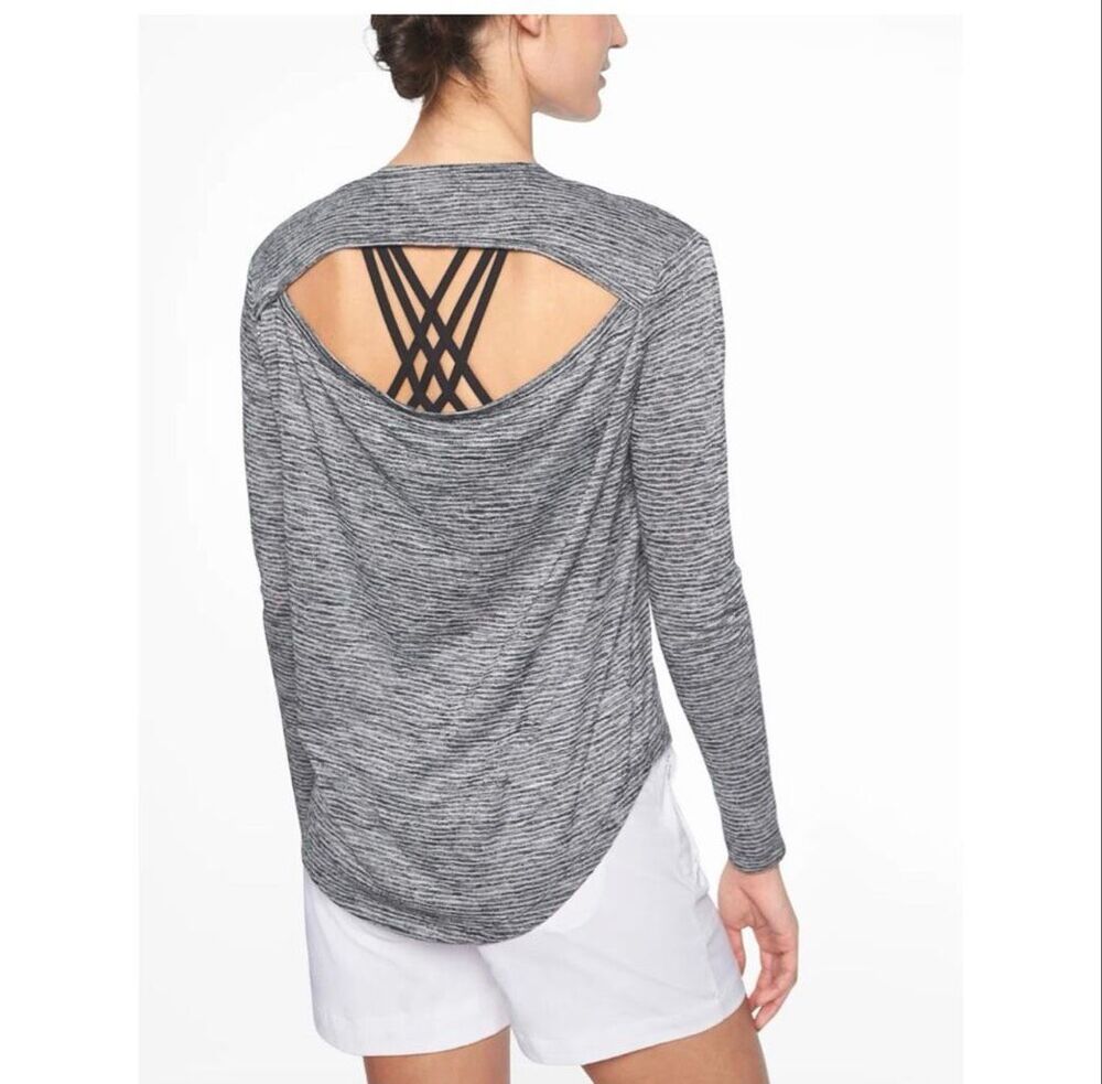 Athleta Cutout Breezy Back cutout Navy Striped Long Sleeve Tee Size L
